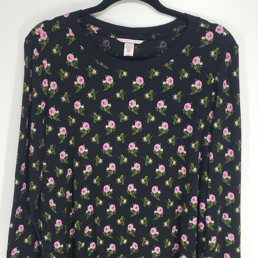 Victoria's Secret Floral Waffle Knit Sleep Shirt Women Large Black Long Sleeves - Picture 4 of 8